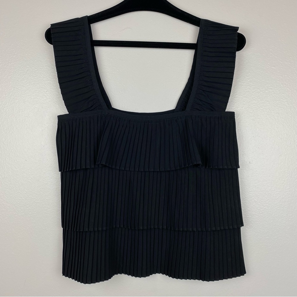 J. Crew Pleated Ruffle Tiered Square Neck Tank Top Black Size XS